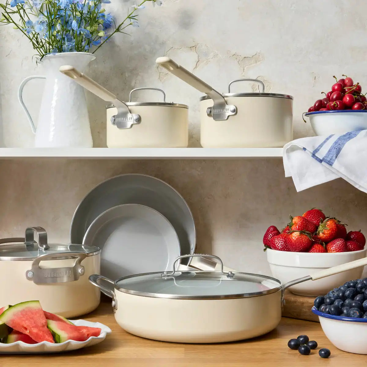 Bobby Flay by GreenPan Professional Ceramic Nonstick 4.5-Quart Sauté Pan with Lid | Cream