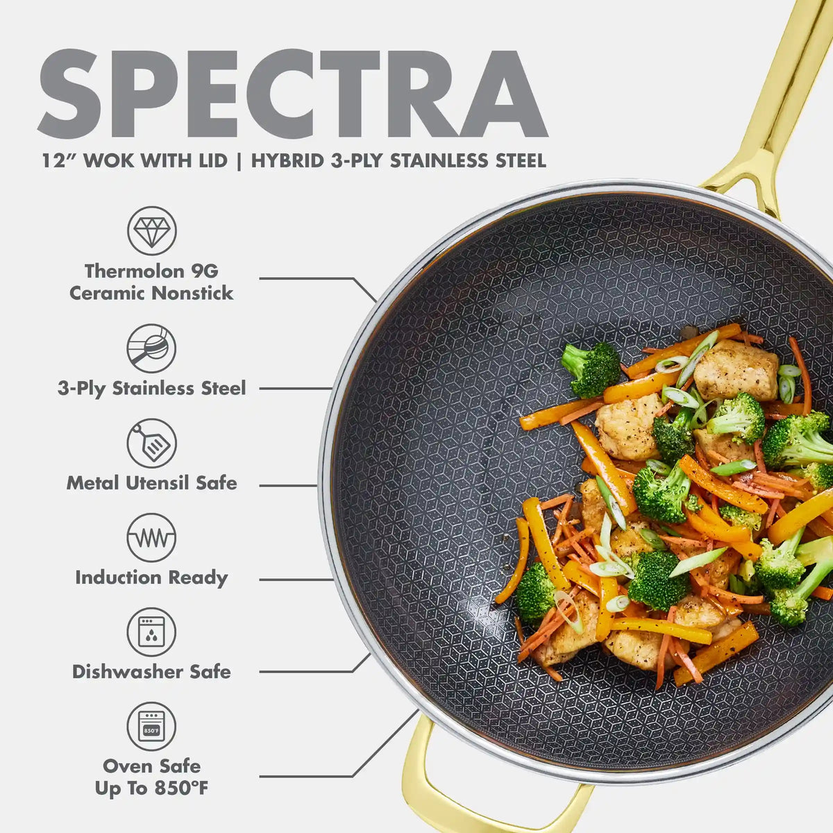 Spectra Gold Thermobond Hybrid Ceramic Nonstick 12" Wok with Lid