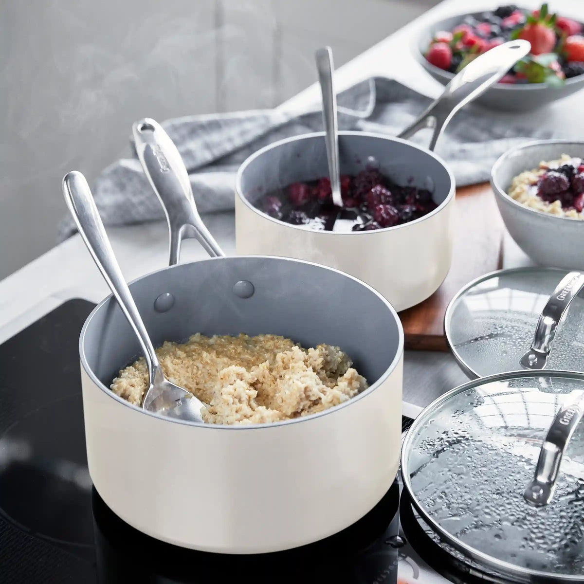 Valencia Pro Ceramic Nonstick 1.5-Quart and 3-Quart Saucepan Set with Lids | Cream