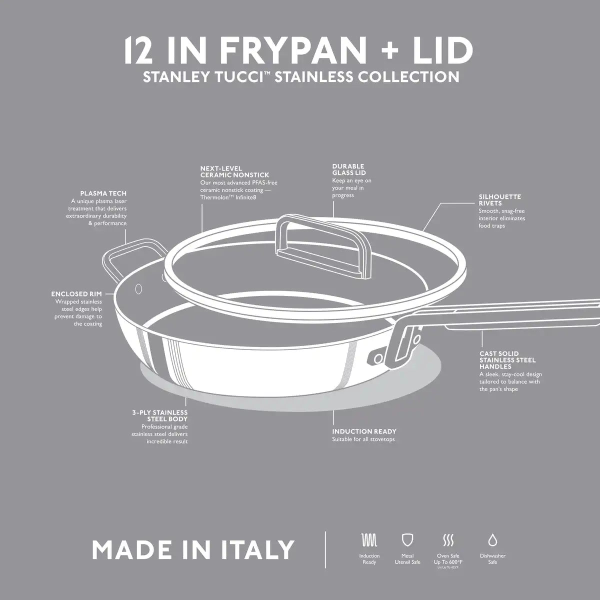 Stanley Tucci™ Stainless Steel Ceramic Nonstick 12" Frypan with Lid | Champagne Handle
