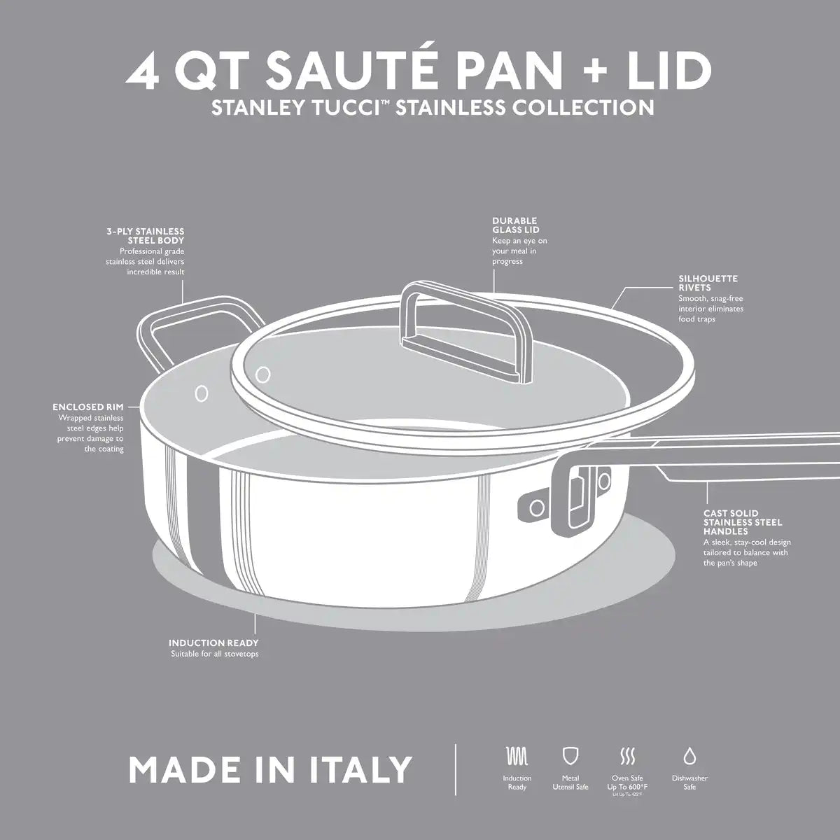 Stanley Tucci™ Uncoated Stainless Steel 4-Quart Sauté Pan with Lid