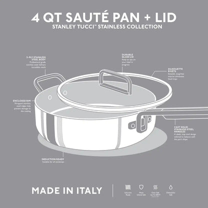 Stanley Tucci™ Uncoated Stainless Steel 4-Quart Sauté Pan with Lid