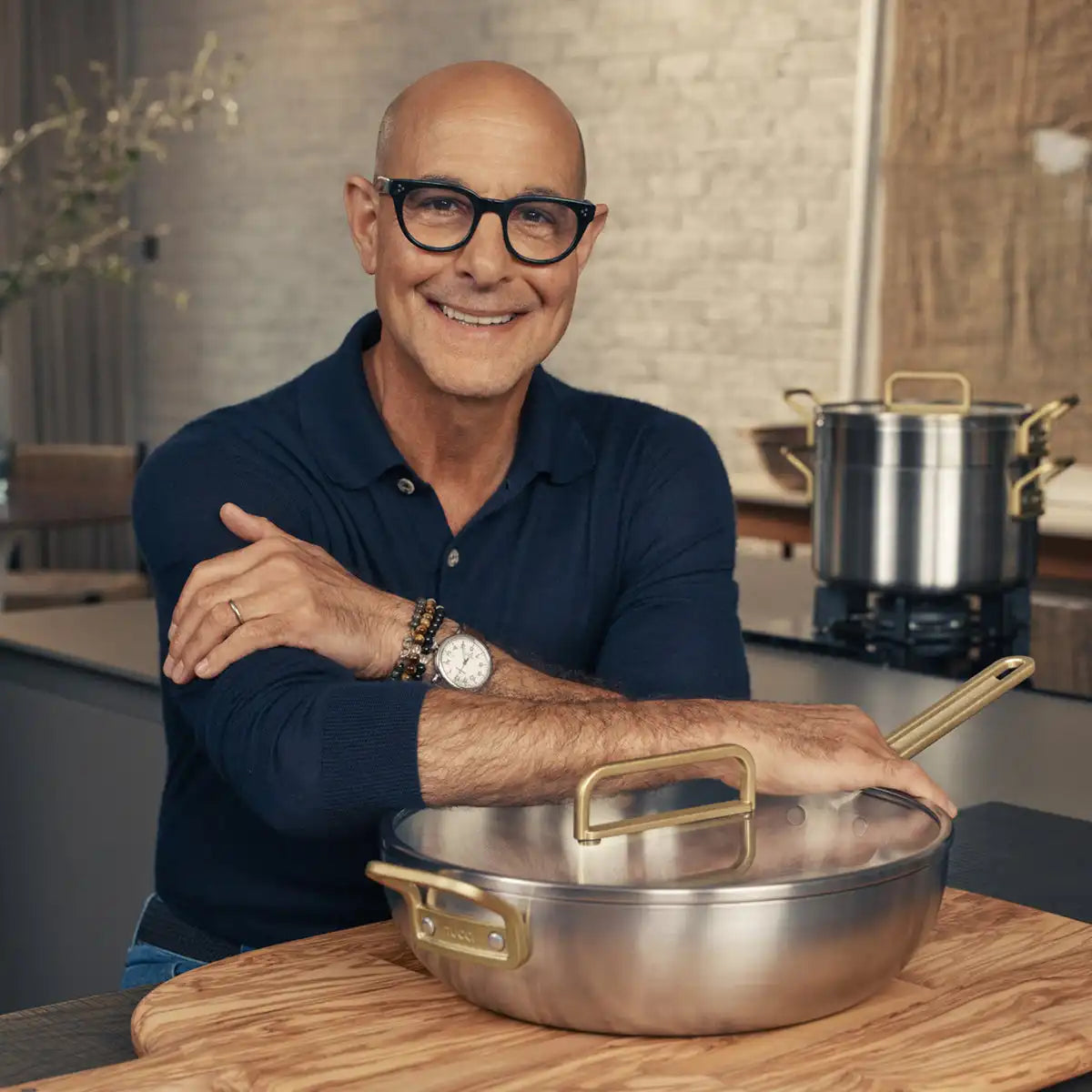 Stanley Tucci™ Stainless Steel Ceramic Nonstick 6.5-Quart Essential Stanley Pan with Lid | Champagne Handle