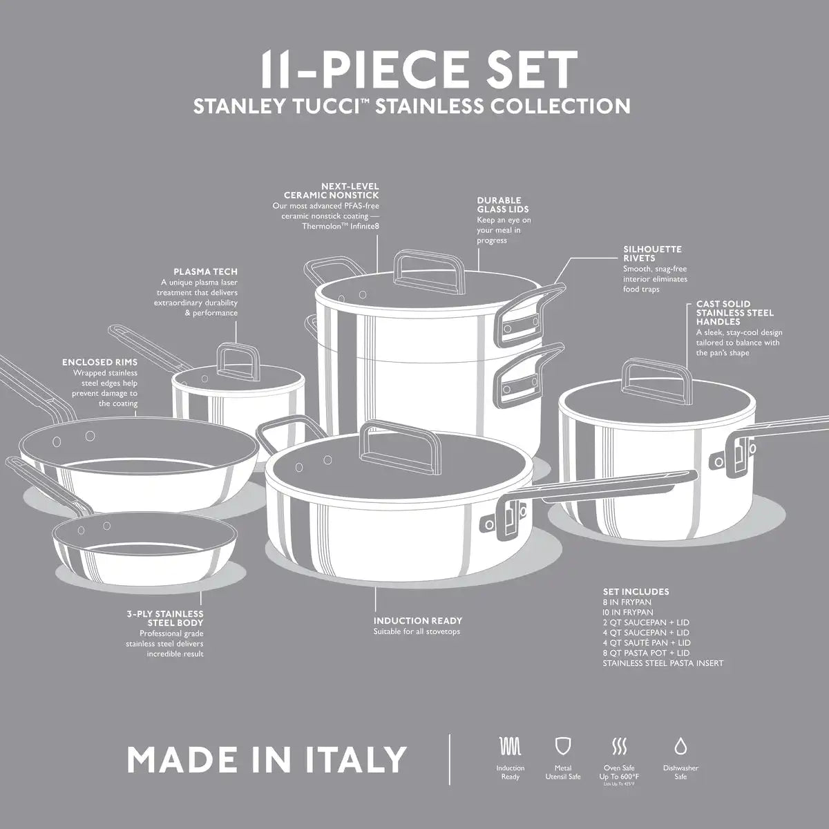 Stanley Tucci™ Stainless Steel Ceramic Nonstick 11-Piece Cookware Set | Champagne Handles