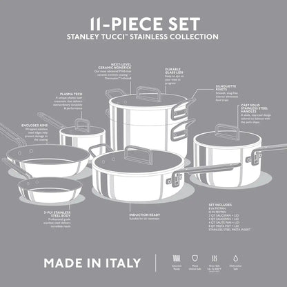 Stanley Tucci™ Stainless Steel Ceramic Nonstick 11-Piece Cookware Set | Champagne Handles