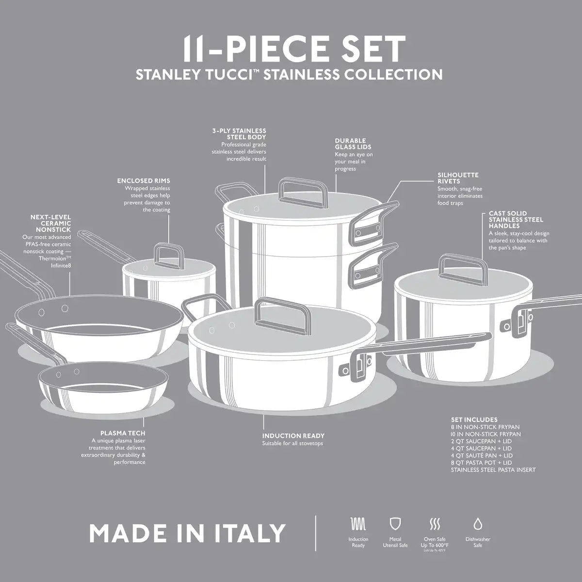 Stanley Tucci™ Mixed Material Stainless Steel 11-Piece Cookware Set