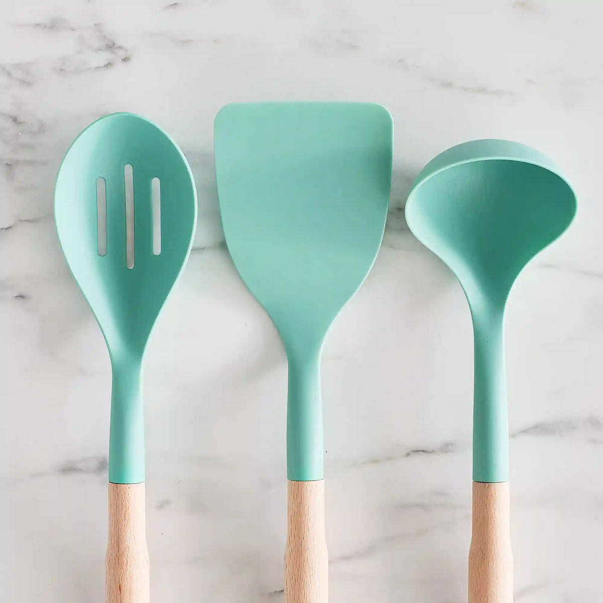 GreenLife Nylon & Wood Cooking Utensils with Ceramic Crock, 7-Piece Set | Turquoise