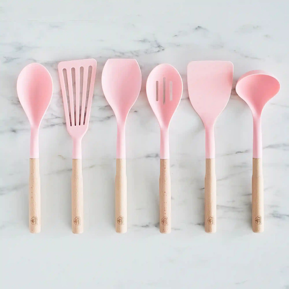 GreenLife Nylon & Wood Cooking Utensils with Ceramic Crock, 7-Piece Set | Pink