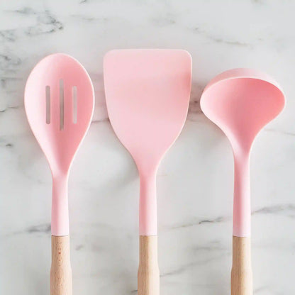 GreenLife Nylon & Wood Cooking Utensils with Ceramic Crock, 7-Piece Set | Pink