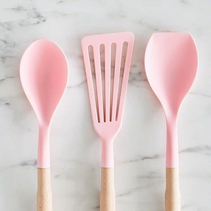 GreenLife Nylon & Wood Cooking Utensils with Ceramic Crock, 7-Piece Set | Pink