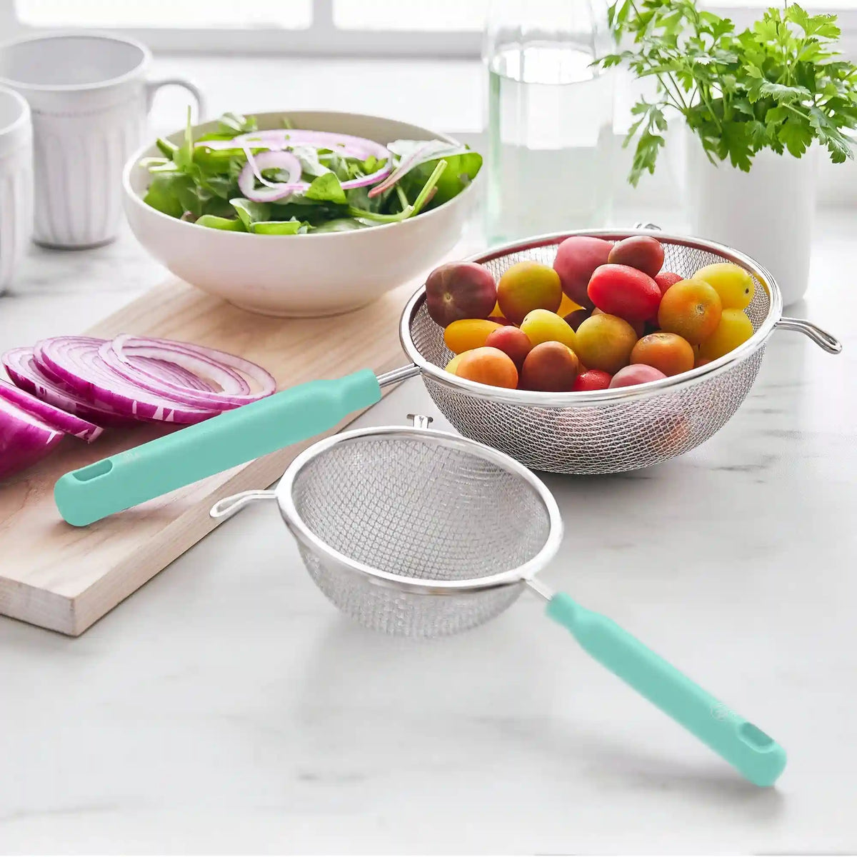 GreenLife Stainless Steel Mesh Strainers, Set of 4 | Turquoise