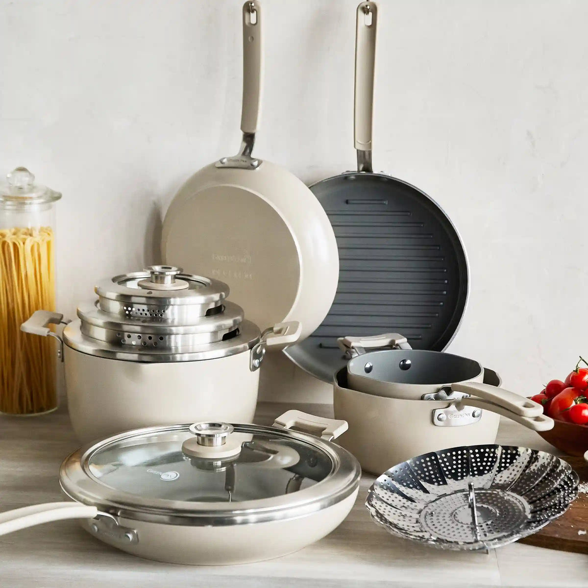 Space Saving Stack Ceramic Nonstick 11-Piece Cookware Set | Taupe