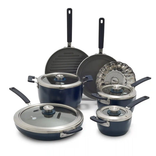 Space Saving Stack Ceramic Nonstick 11-Piece Cookware Set | Oxford Blue