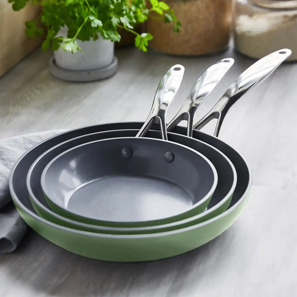 Valencia Pro Ceramic Nonstick 8", 9.5", and 11" Frypan Set | Sage