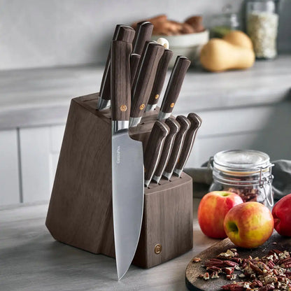 Elite Cutlery 13-Piece Knife Block Set with Dark-Wood Handles