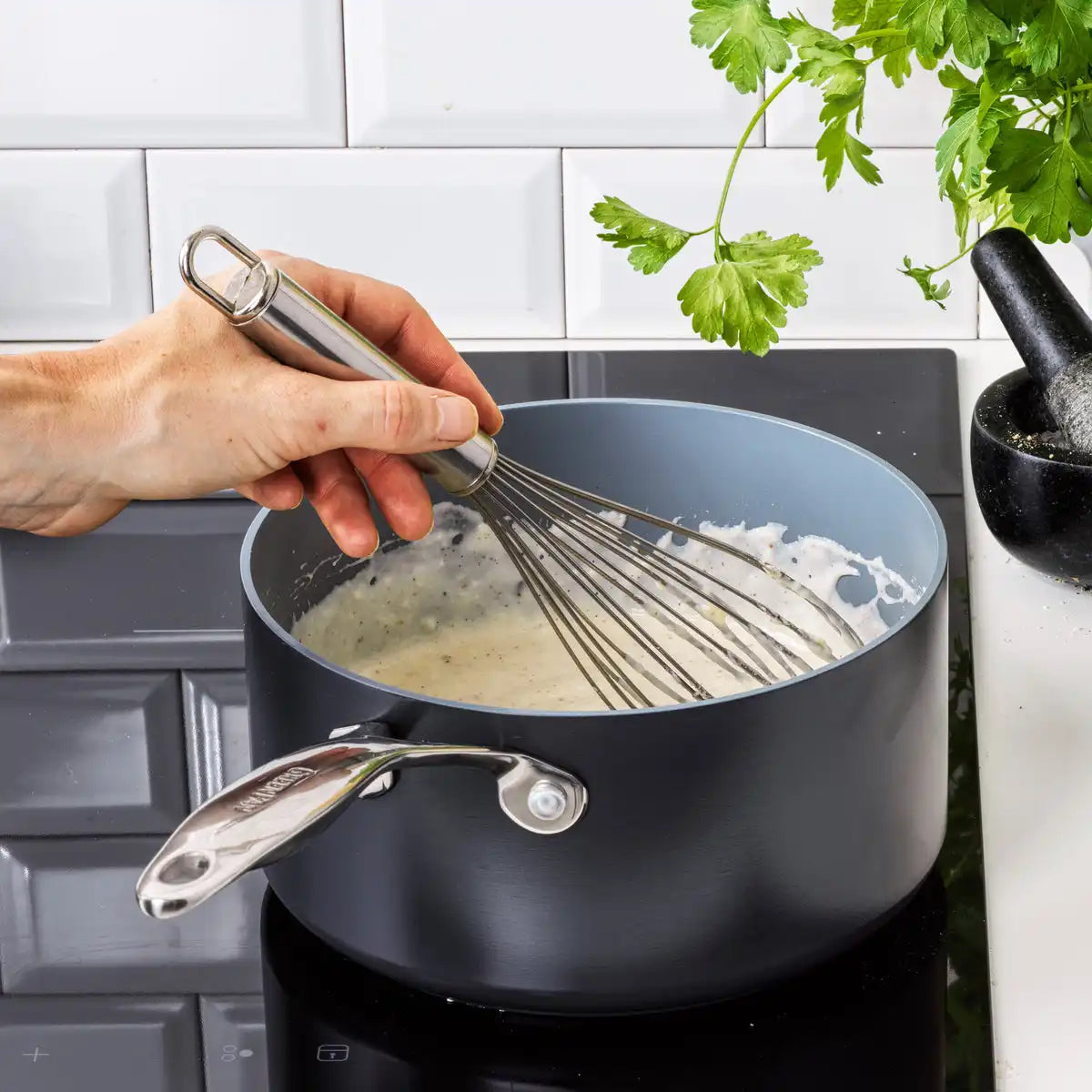 Valencia Pro Ceramic Nonstick 1.5-Quart and 3-Quart Saucepan Set with Lids | Gray
