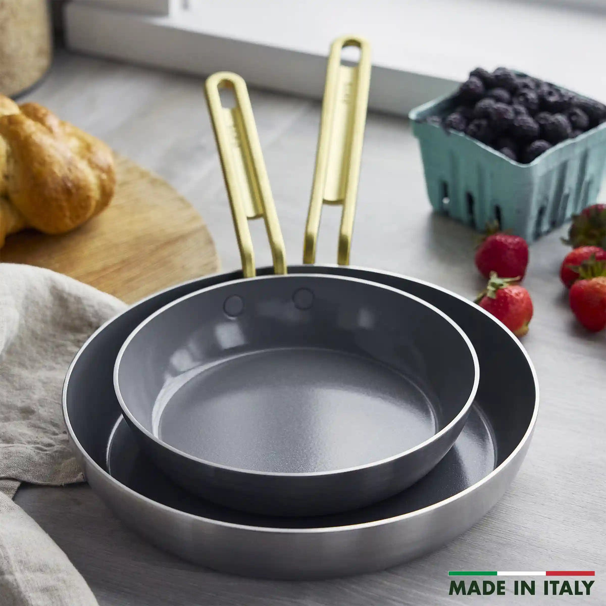 Stanley Tucci™ Stainless Steel Ceramic Nonstick 8" & 10" Frypan Set | Champagne Handles