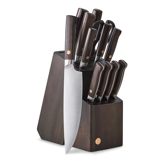 Elite Cutlery 13-Piece Knife Block Set with Dark-Wood Handles