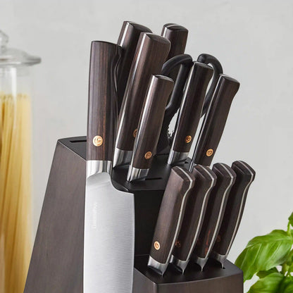 Elite Cutlery 13-Piece Knife Block Set with Dark-Wood Handles