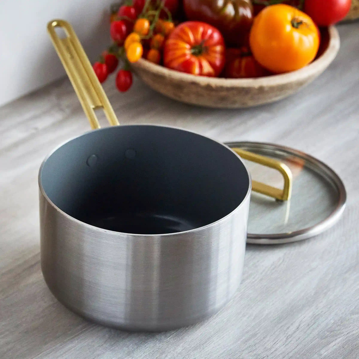 Stanley Tucci™ Stainless Steel Ceramic Nonstick 4-Quart Saucepan with Lid | Champagne Handles