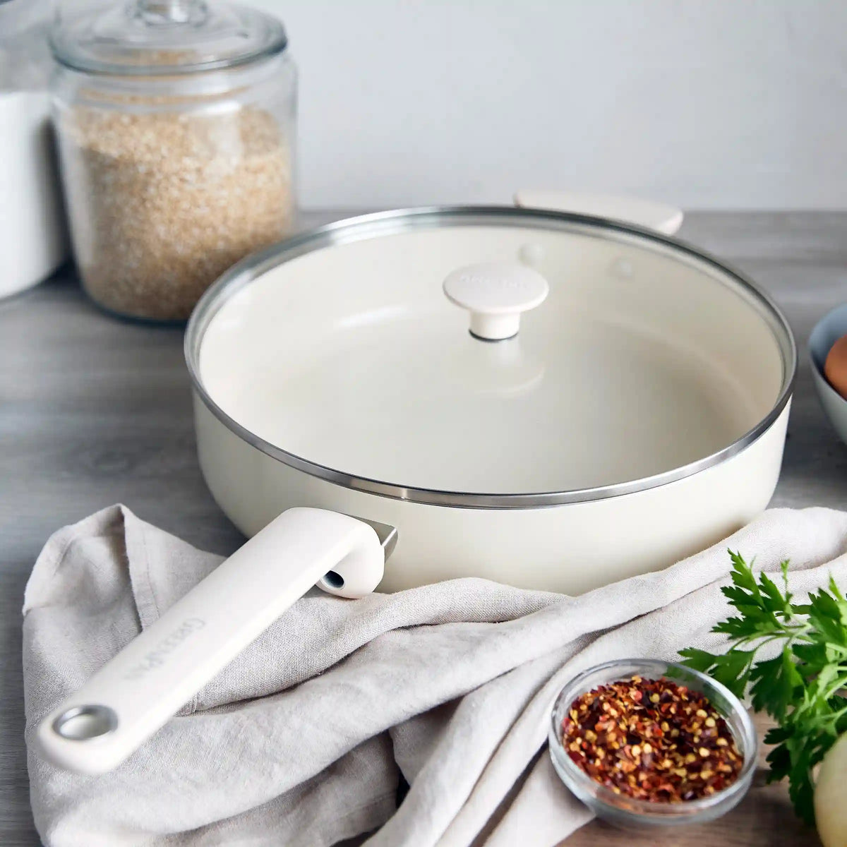 Rio Advanced Ceramic Nonstick 5-Quart Sauté Pan with Lid | Cream