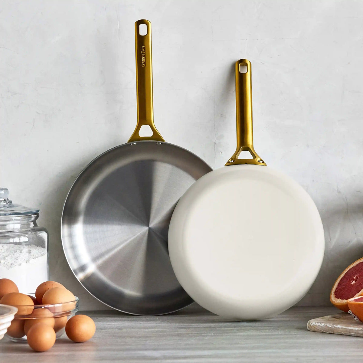 Reserve Pro Uncoated Stainless Steel 10" and 12" Frypan Set | Cream