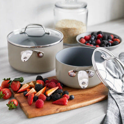 Valencia Pro Ceramic Nonstick 1.5-Quart and 3-Quart Saucepan Set with Lids | Taupe