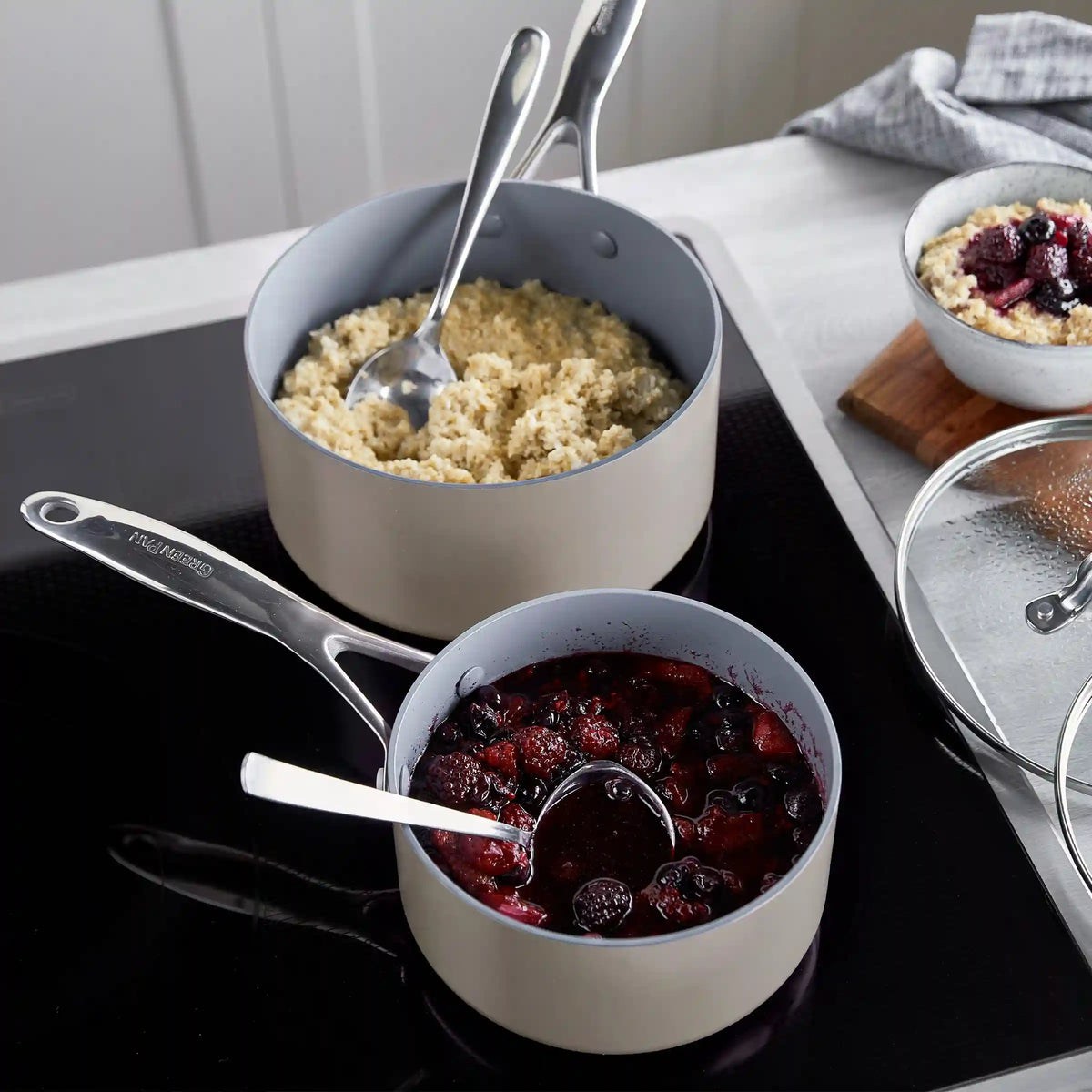 Valencia Pro Ceramic Nonstick 1.5-Quart and 3-Quart Saucepan Set with Lids | Taupe