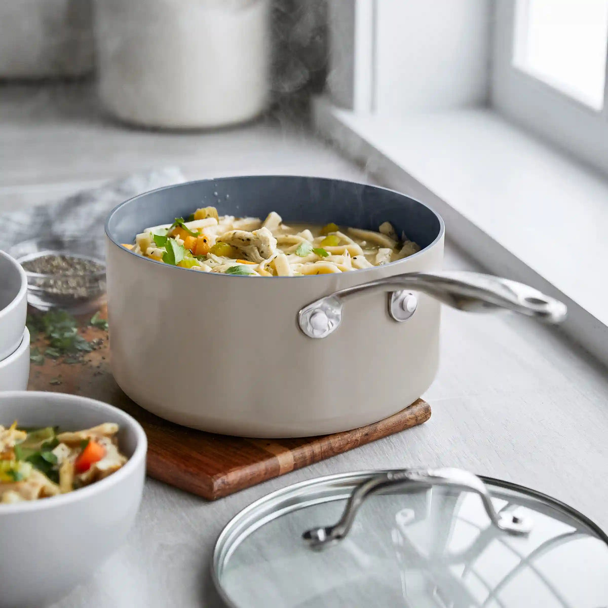 Valencia Pro Ceramic Nonstick 1.5-Quart and 3-Quart Saucepan Set with Lids | Taupe
