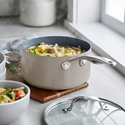 Valencia Pro Ceramic Nonstick 1.5-Quart and 3-Quart Saucepan Set with Lids | Taupe