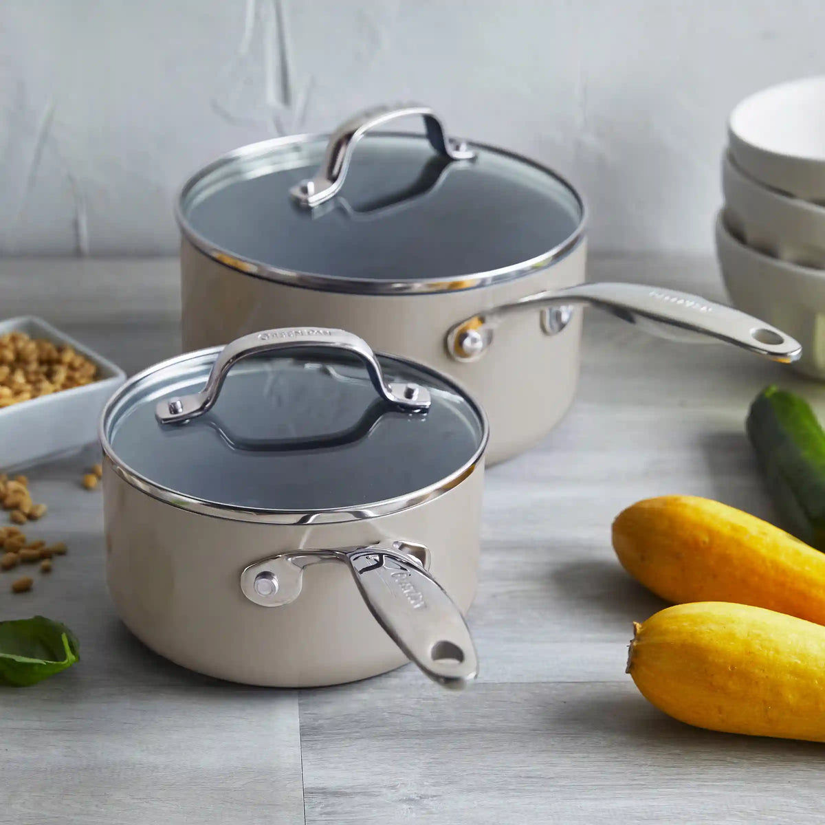 Valencia Pro Ceramic Nonstick 1.5-Quart and 3-Quart Saucepan Set with Lids | Taupe