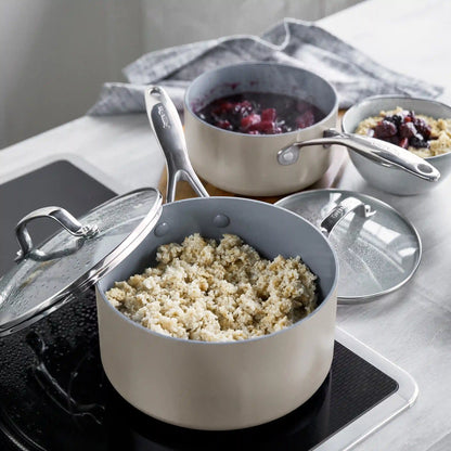 Valencia Pro Ceramic Nonstick 1.5-Quart and 3-Quart Saucepan Set with Lids | Taupe