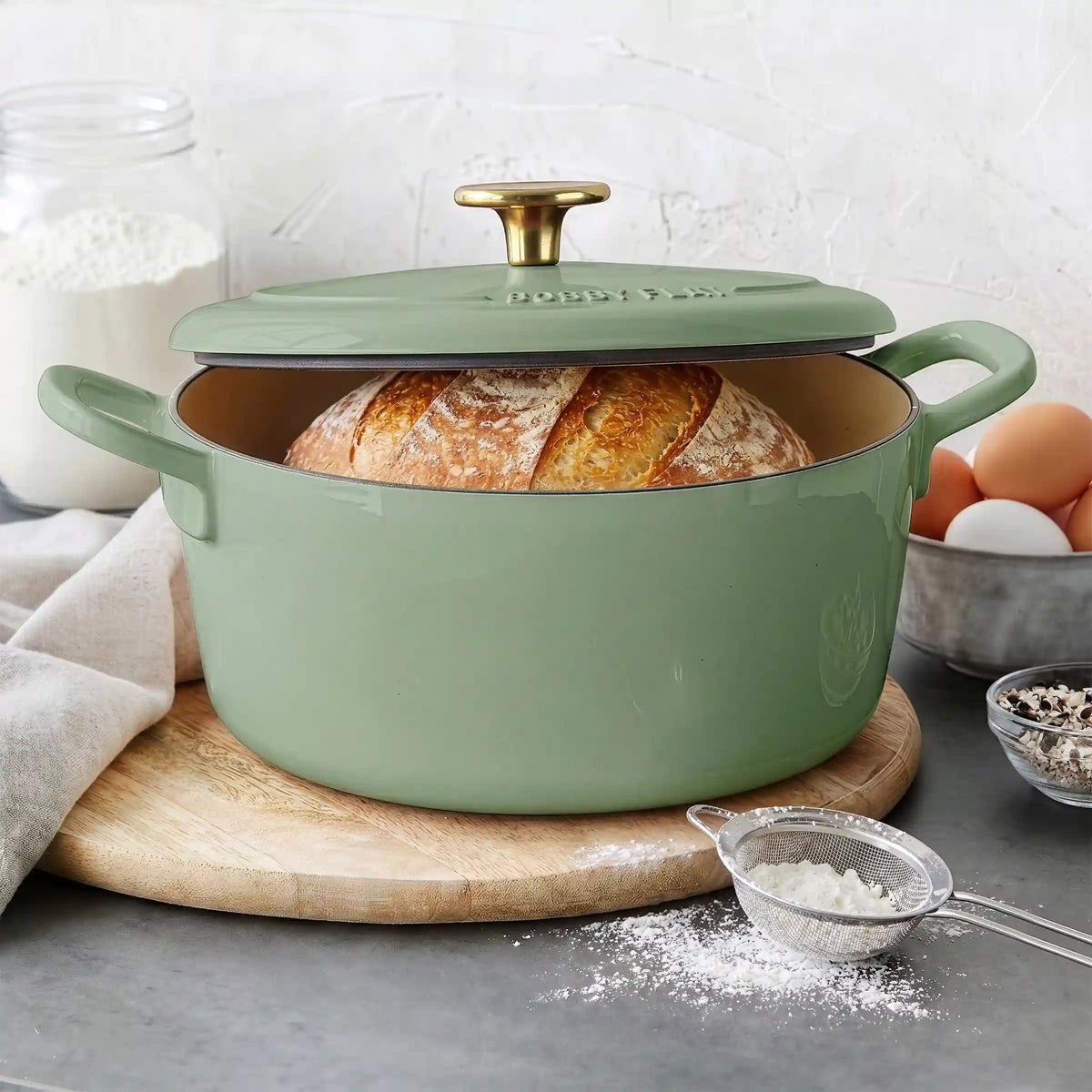 Bobby Flay by GreenPan 5.5-Quart Enameled Cast Iron Dutch Oven 3-Piece Set | Sage