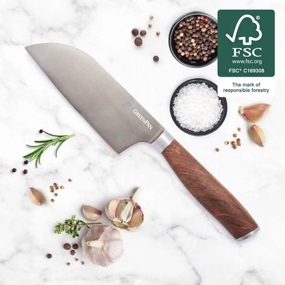 Premiere Titanium Cutlery 5" Small Santoku with Walnut Handle