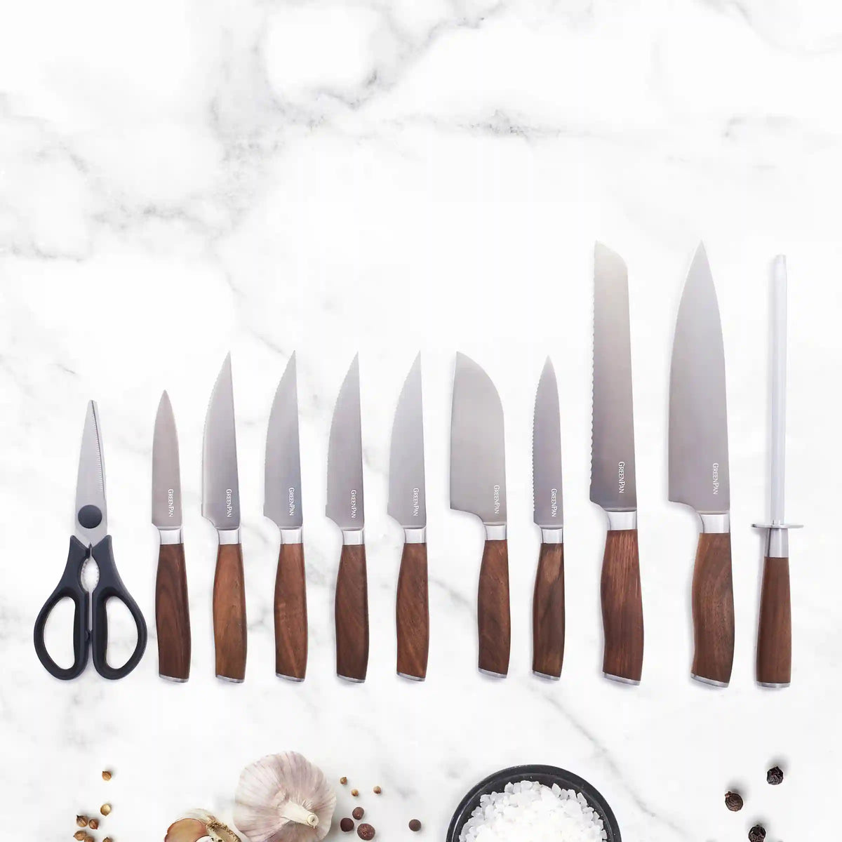 Premiere Titanium Cutlery 12-Piece Knife Block Set with Walnut Handles