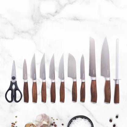 Premiere Titanium Cutlery 12-Piece Knife Block Set with Walnut Handles