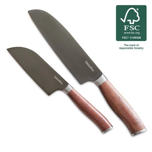 Premiere Titanium Cutlery 2-Piece Santoku Knife Set with Walnut Handles