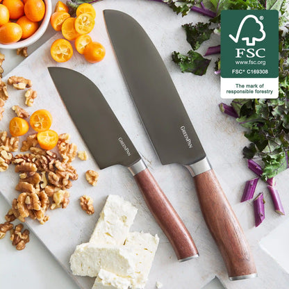Premiere Titanium Cutlery 2-Piece Santoku Knife Set with Walnut Handles