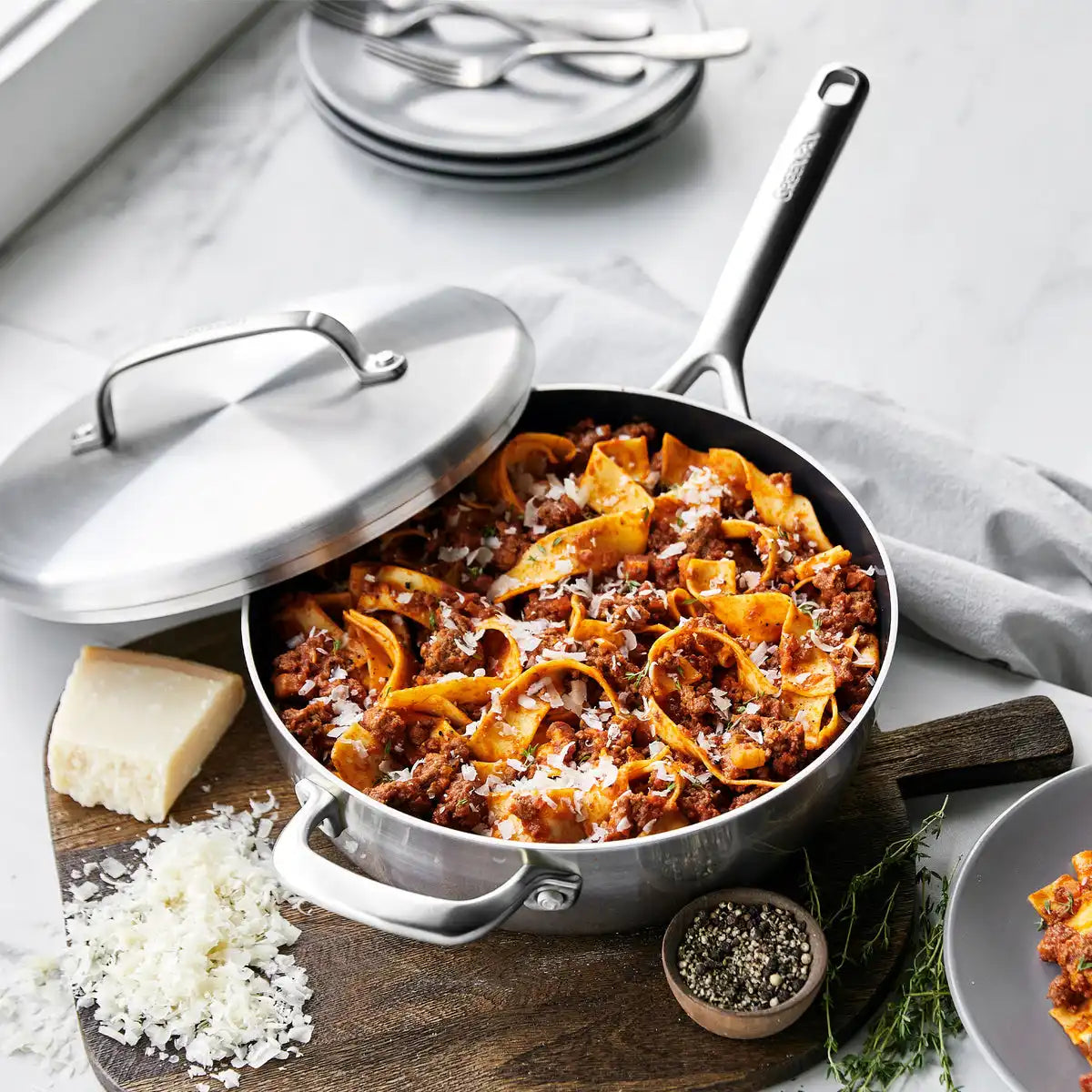 GP5 Stainless Steel 4-Quart Sauté Pan with Lid and Helper Handle | Mirror Handles