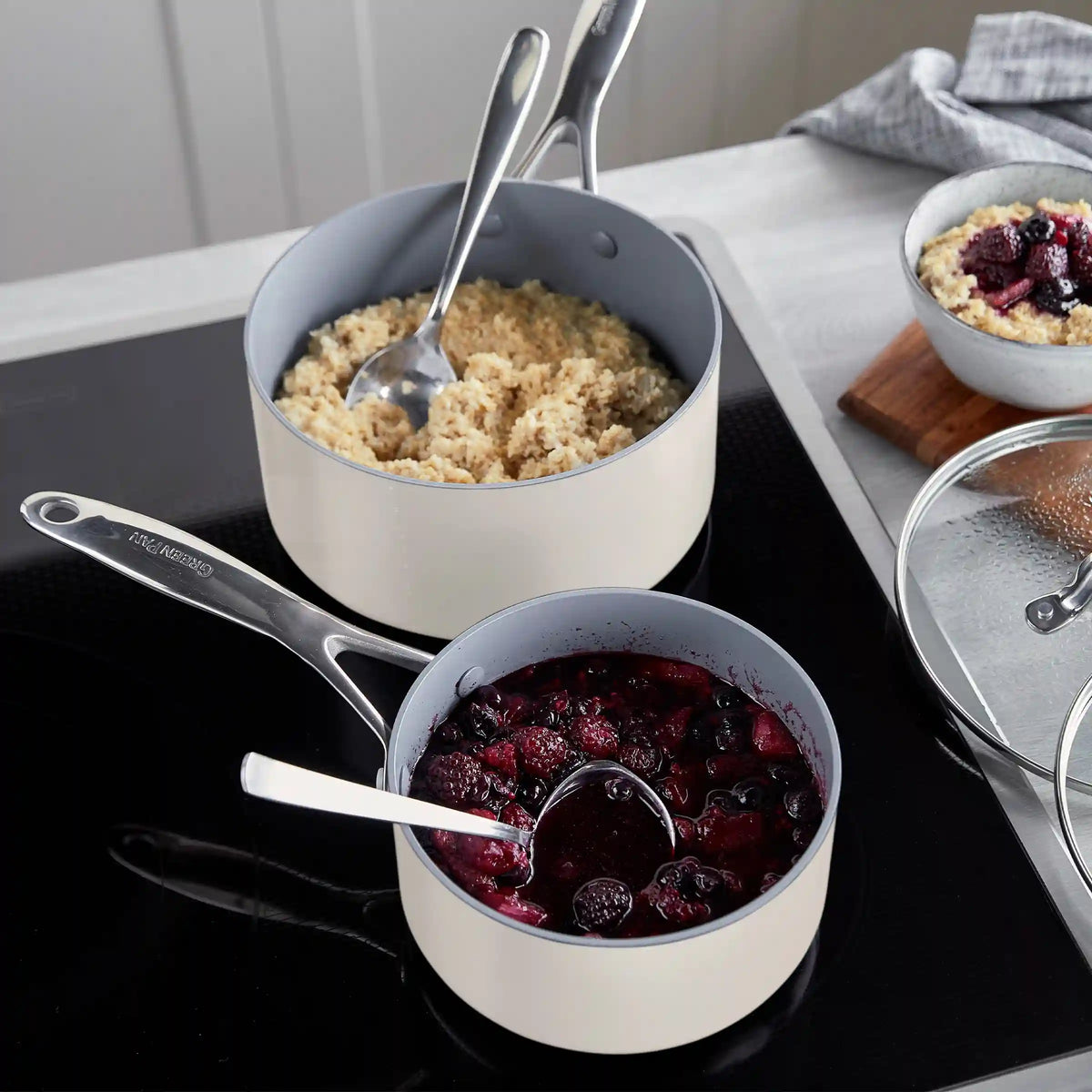 Valencia Pro Ceramic Nonstick 1.5-Quart and 3-Quart Saucepan Set with Lids | Cream