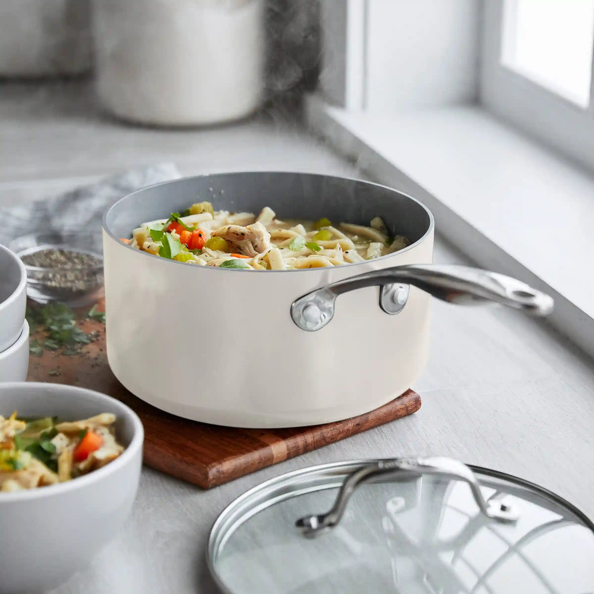 Valencia Pro Ceramic Nonstick 1.5-Quart and 3-Quart Saucepan Set with Lids | Cream