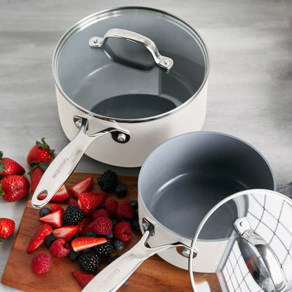 Valencia Pro Ceramic Nonstick 1.5-Quart and 3-Quart Saucepan Set with Lids | Cream