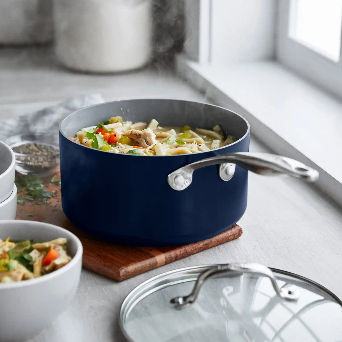 Valencia Pro Ceramic Nonstick 1.5-Quart and 3-Quart Saucepan Set with Lids | Twilight
