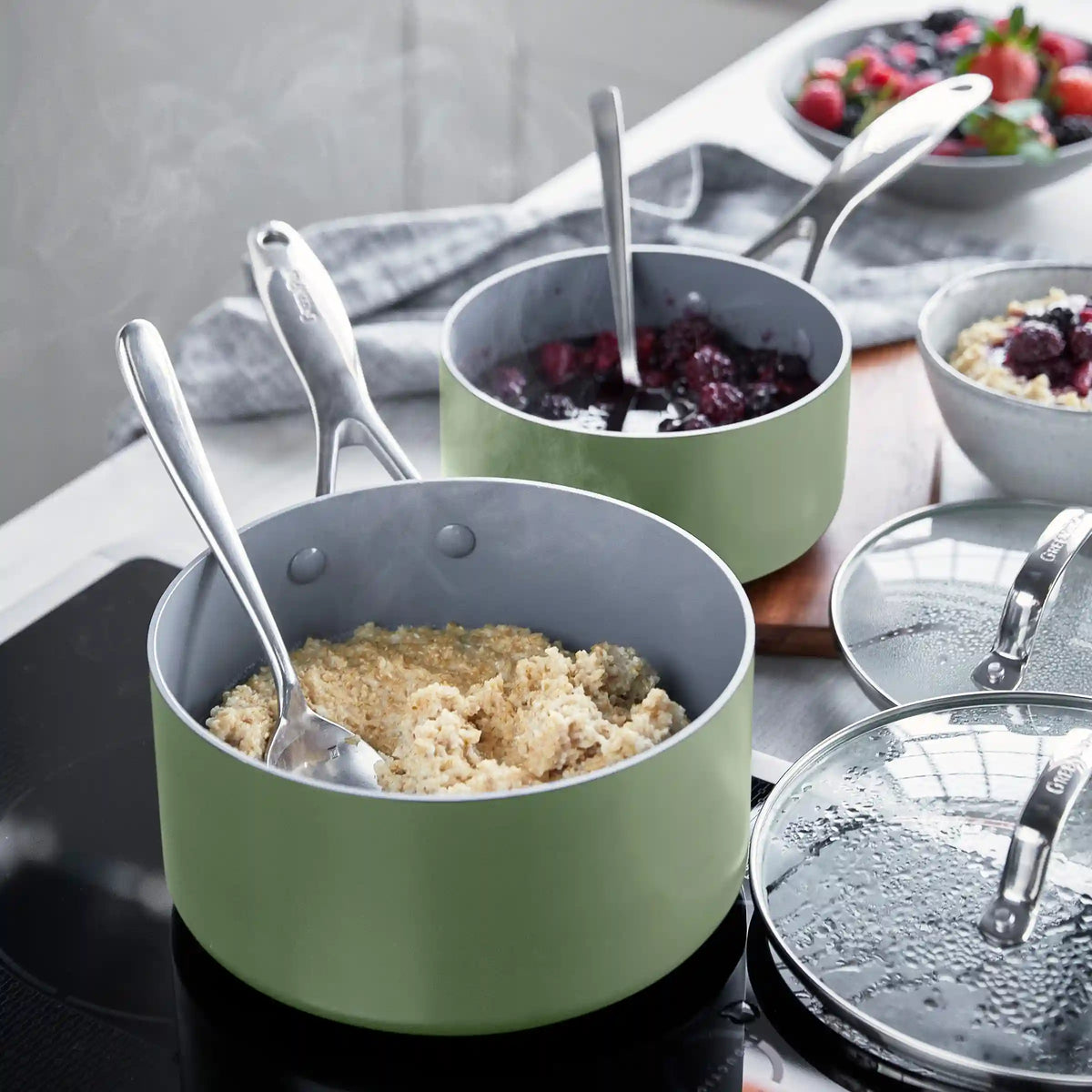 Valencia Pro Ceramic Nonstick 1.5-Quart and 3-Quart Saucepan Set with Lids | Sage