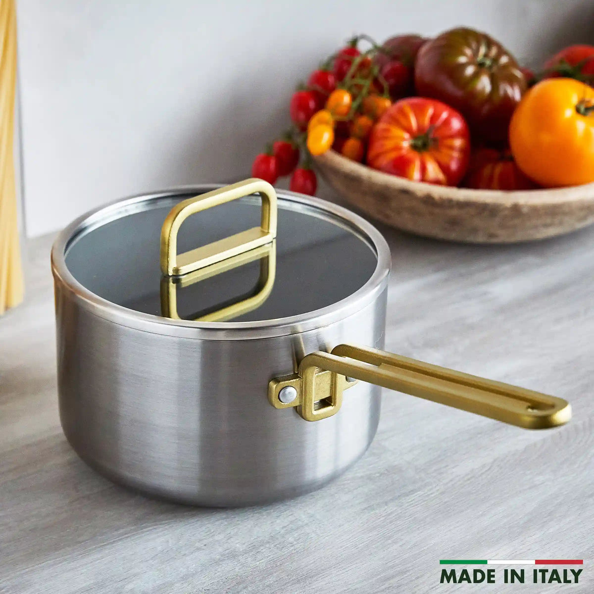 Stanley Tucci™ Stainless Steel Ceramic Nonstick 4-Quart Saucepan with Lid | Champagne Handles