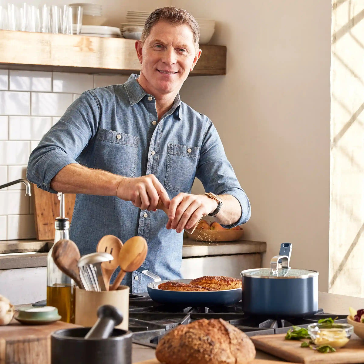 Bobby Flay by GreenPan Professional Ceramic Nonstick 10-Piece Cookware Set | Oxford Blue