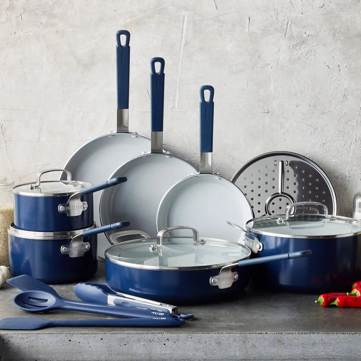 Bobby Flay by GreenPan Professional Ceramic Nonstick 16-Piece Cookware Set | Oxford Blue